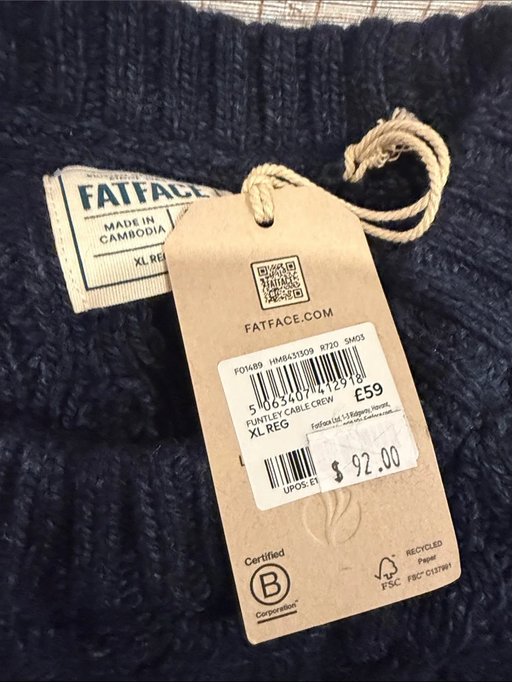 NWT Men’s FatFace Navy Cable Crewneck Sweater